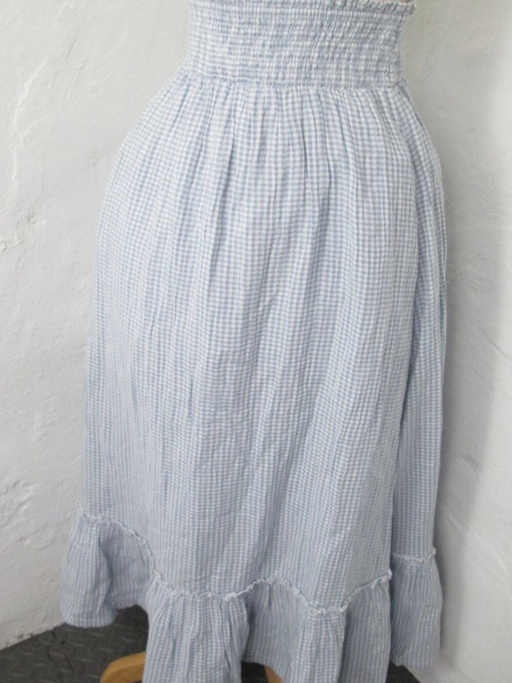 Quince Organic Cotton Gauze Smocked Maxi Skirt Blue Gingham Size XS NWT